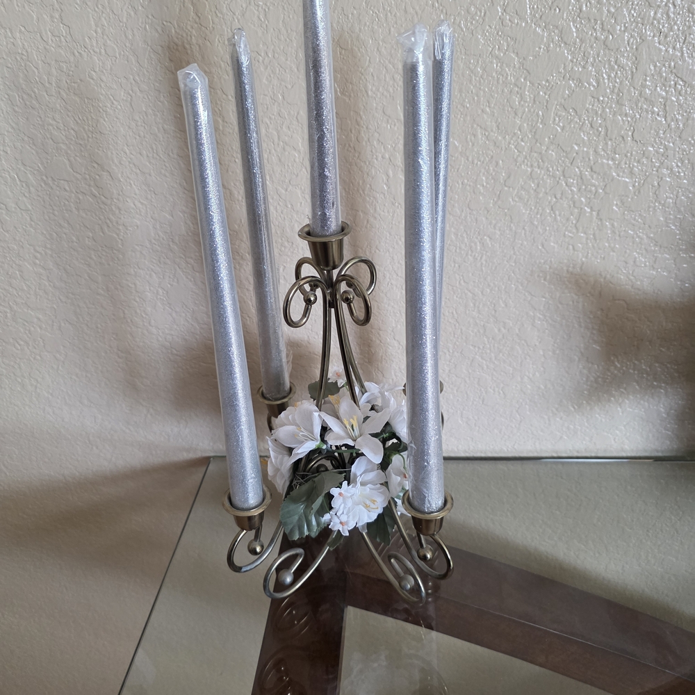 Table ⁸Brass Tone Floral Taper Candleholder Centerpiece with Silver Tapers